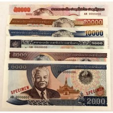 LAO 1997 - 2004 . ONE THOUSAND 1,000 - FIFTY THOUSAND 50,000 KIP BANKNOTES . SPECIMEN